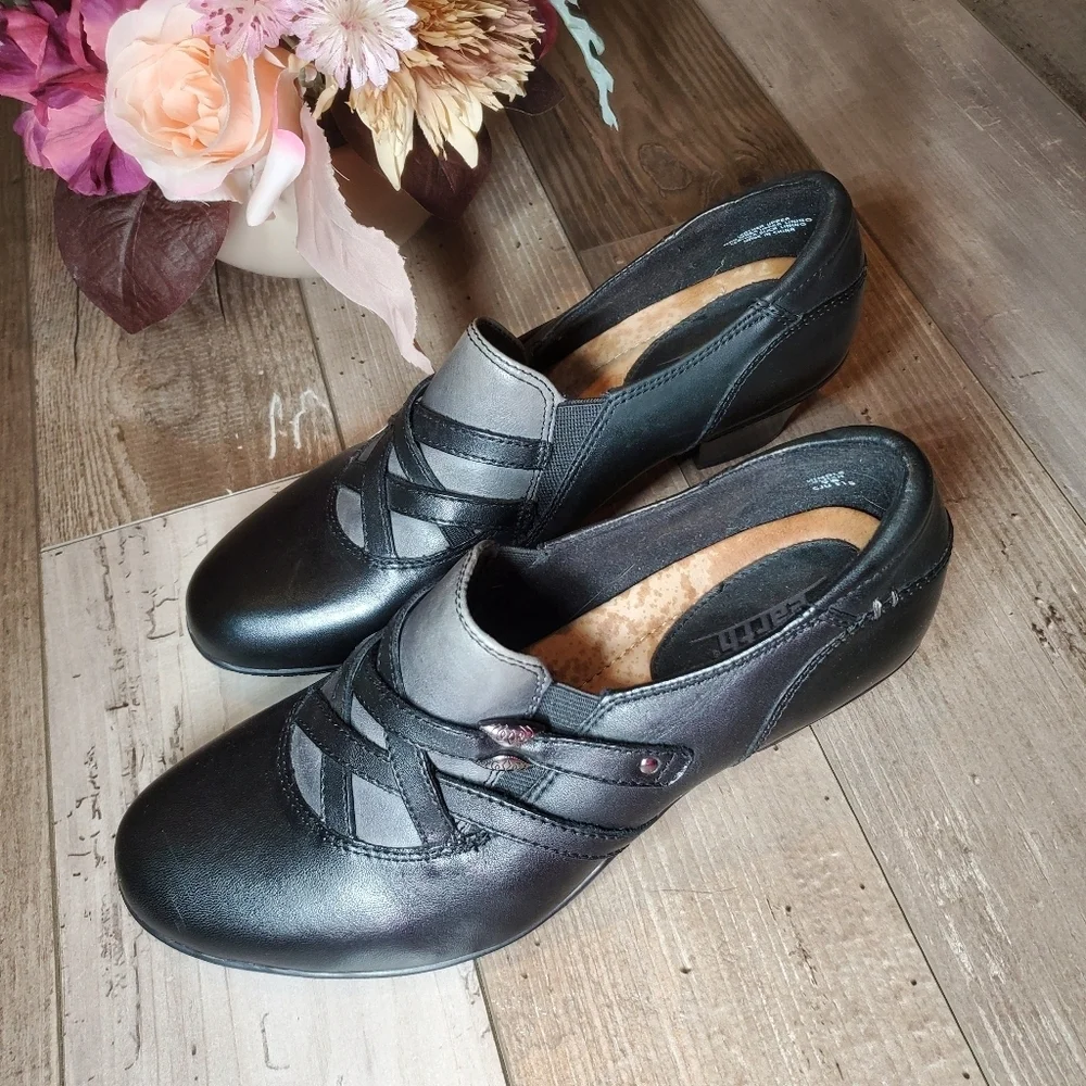 NWT Earth Black and Gray Women's Leather Slip-on Dress Shoes Size 9B Non-Slip
